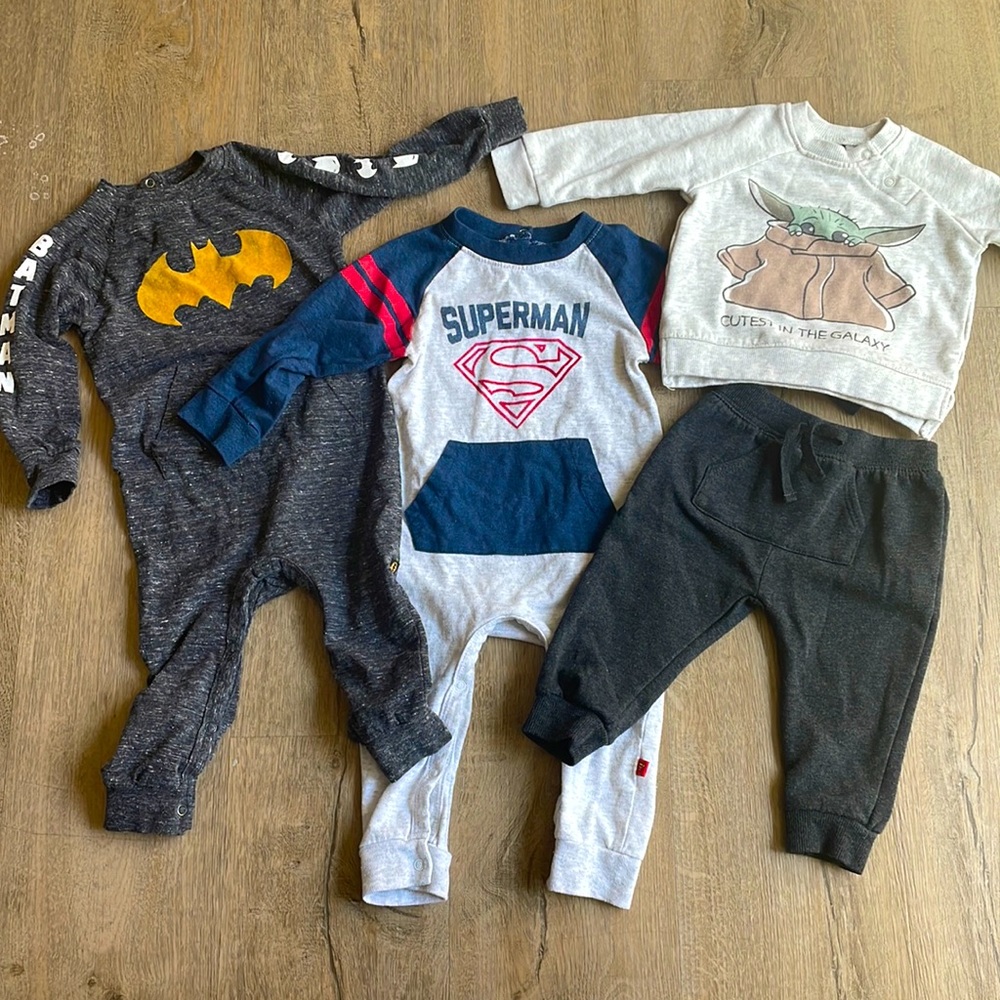 Lot 3 Boys Pajamas Superman Batman Star Wars Yoda Mandalorian 12 months Bundle